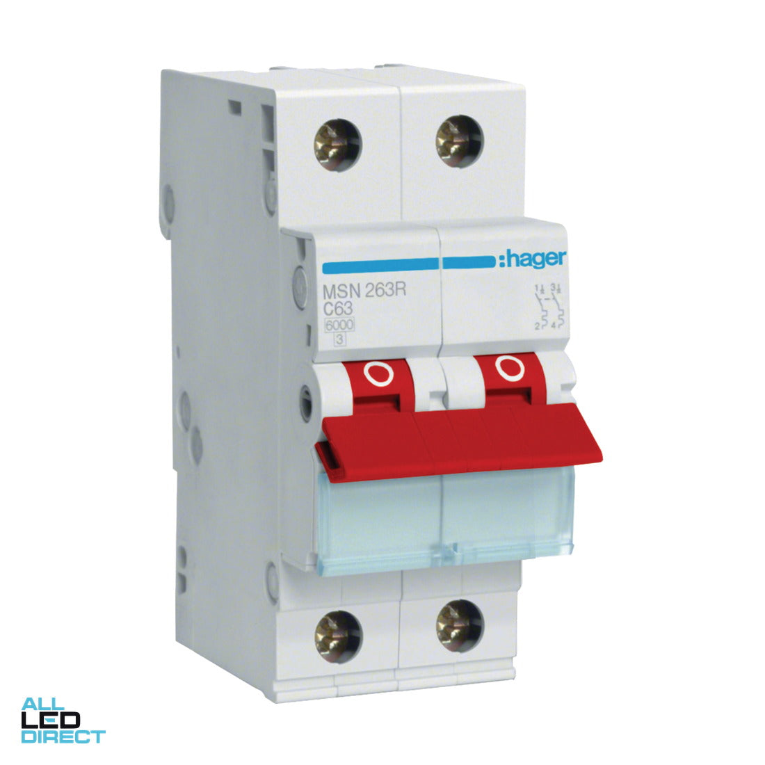 Hager 63 Amp Miniature Circuit Breaker with Red Toggle MCB C Curve 2 Pole 6kA ALL LED Direct