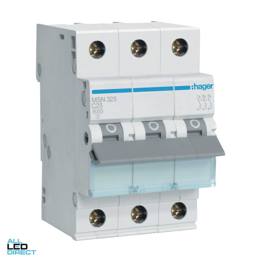 Hager 25 Amp Miniature Circuit Breaker MCB C Curve 3 Pole 6kA ALL LED Direct