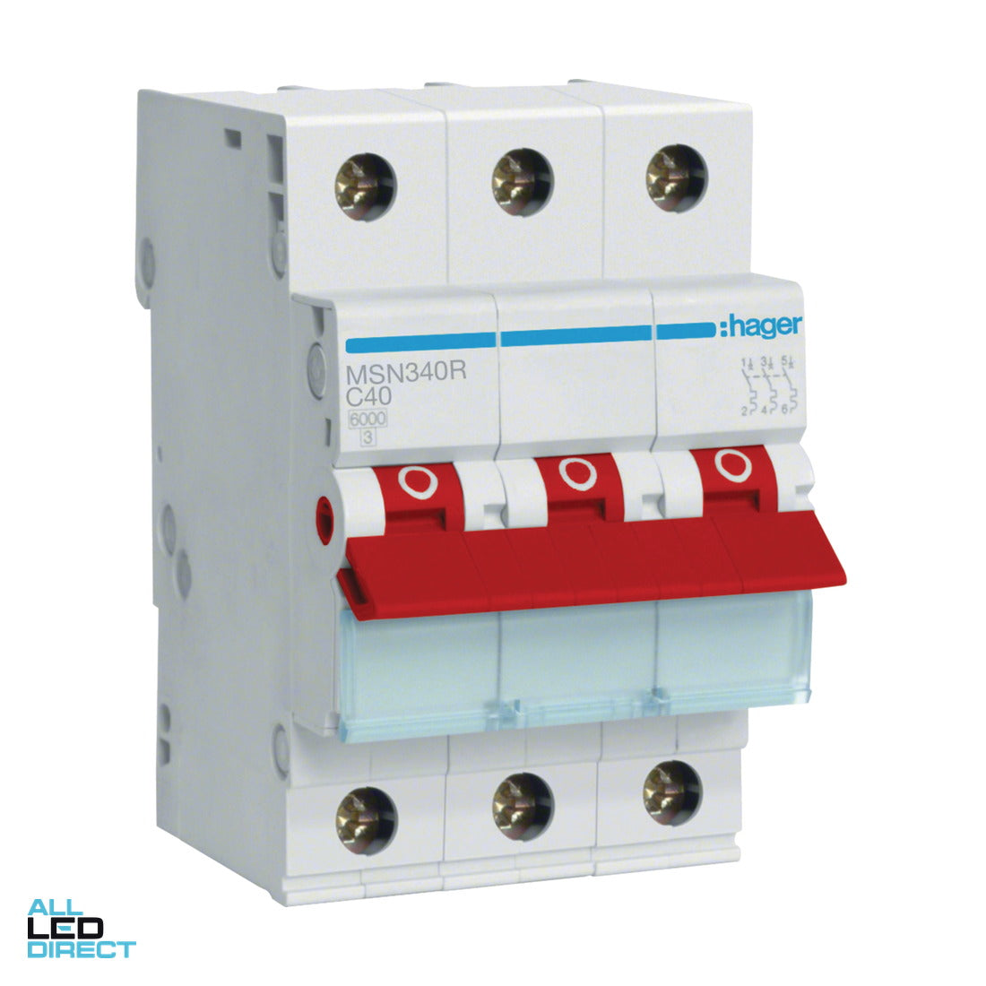 Hager 40 Amp Miniature Circuit Breaker With Red Toggle MCB C Curve 3 Pole 6kA ALL LED Direct