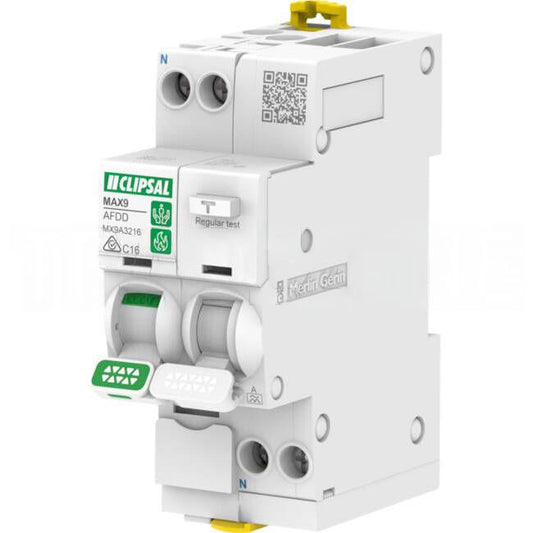 Clipsal MAX9 16 Amp Arc Fault Detection & Residual Current Device AFDD/RCBO C Curve 1 Pole + Neutral 30mA 6kA