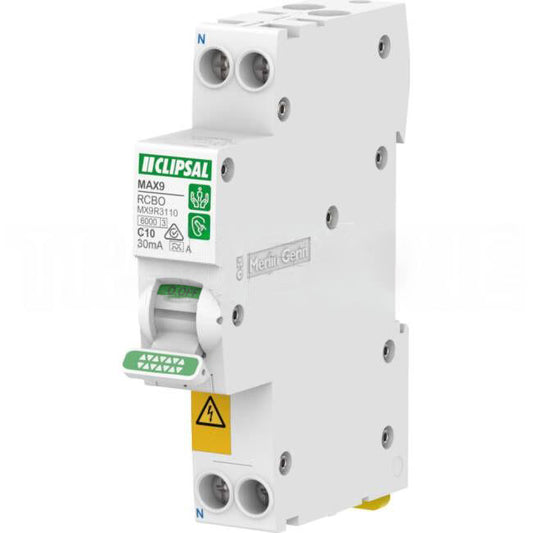 Clipsal MAX9 10 Amp Slim Miniature Circuit Breaker & Residual Current Device MCB/RCBO C Curve 1 Pole + Neutral 30mA 6kA