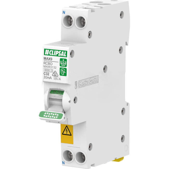 Clipsal MAX9 32 Amp Slim Miniature Circuit Breaker & Residual Current Device MCB/RCBO C Curve 1 Pole + Neutral 30mA 6kA