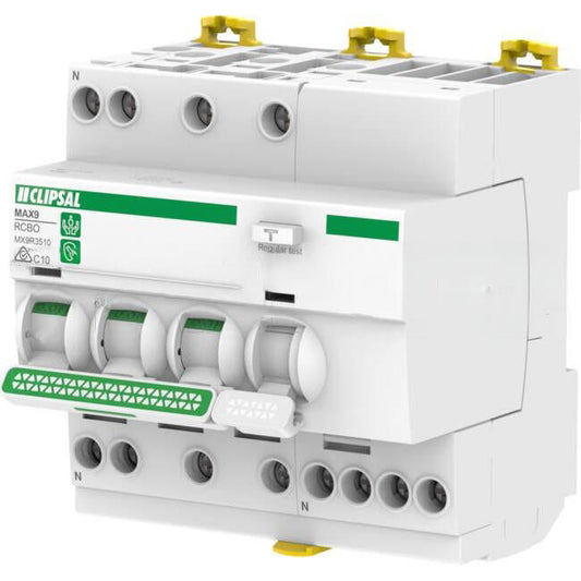 Clipsal MAX9 10 Amp Residual Current Device RCBO With Overcurrent Protection C Curve 5 Module 3 Pole + Neutral Type A 30mA 6kA