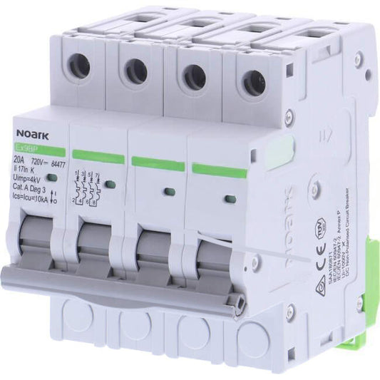 Noark 20 Amp DC EX9BP-N Miniature Circuit Breaker MCB 4 Pole K Curve 6kA
