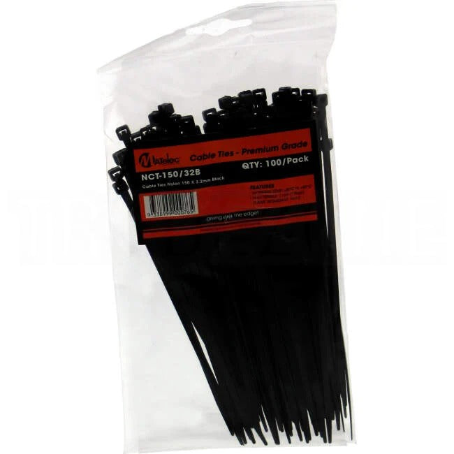 Matelec 150mm x 3.2mm Plastic Cable Ties Black Pack of 100