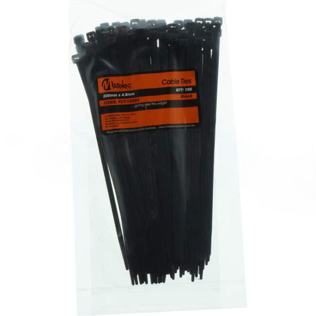 Matelec 200mm x 4.8mm Plastic Cable Ties Black Pack of 100