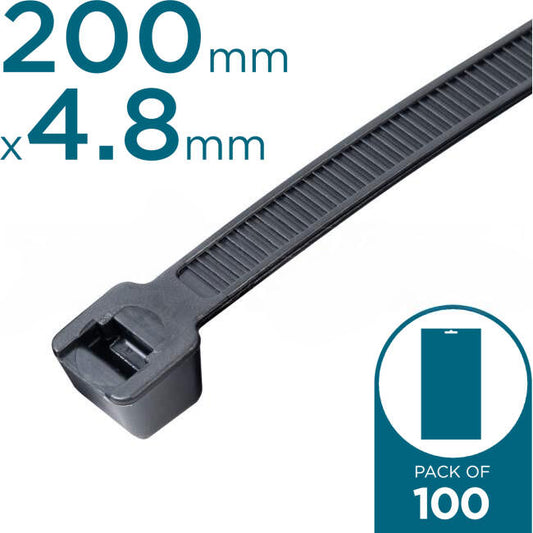 Matelec 200mm x 4.8mm Plastic Cable Ties Black Pack of 100