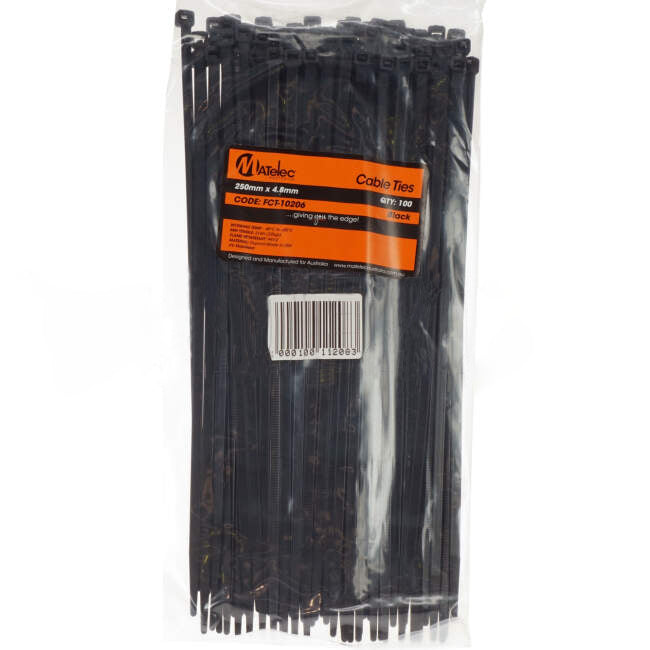 Matelec 250mm x 4.8mm Plastic Cable Ties Black Pack of 100