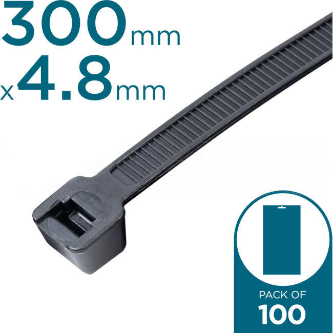 Matelec 300mm x 4.8mm Plastic Cable Ties Black Pack of 100