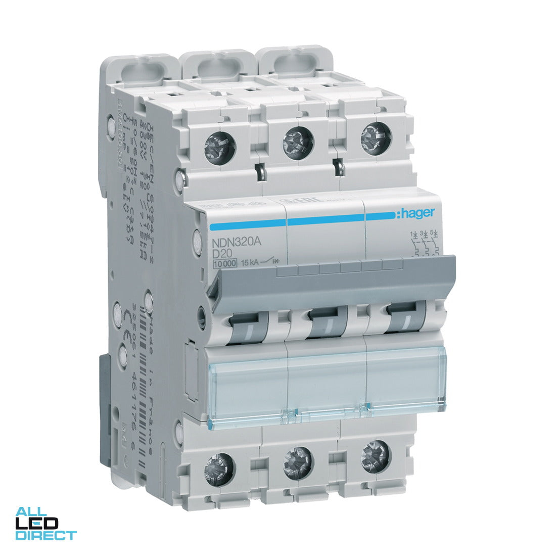 Hager 20 Amp Miniature Circuit Breaker MCB D Curve 3 Pole 10kA ALL LED Direct