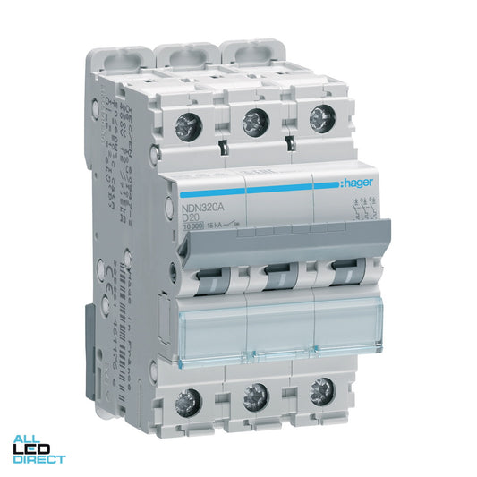 Hager 20 Amp Miniature Circuit Breaker MCB D Curve 3 Pole 10kA ALL LED Direct