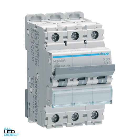 Hager 50 Amp Miniature Circuit Breaker MCB D Curve 3 Pole 10kA ALL LED Direct