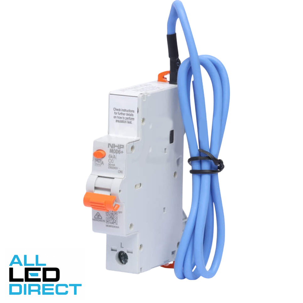 NHP 10 Amp MOD6+ MCB/RCD RCBO C Curve 1 Pole + Neutral 6kA 30mA Type A (Pigtail)