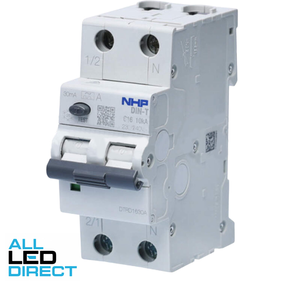 NHP 16 Amp DIN-T MCB/RCD RCBO C Curve 1 Pole + Switched Neutral Type A 10kA 30mA