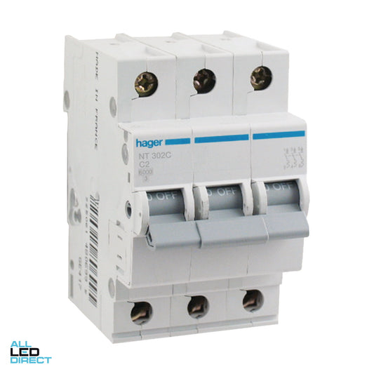 Hager 2 Amp Miniature Circuit Breaker MCB C Curve 3 Pole 10kA ALL LED Direct