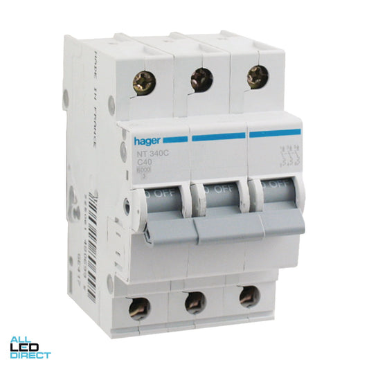 Hager 40 Amp Miniature Circuit Breaker MCB C Curve 3 Pole 10kA ALL LED Direct