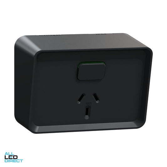 Clipsal 10 Amp ICONIC OUTDOOR Single Weatherproof IP54 Powerpoint Black ALL LED Direct