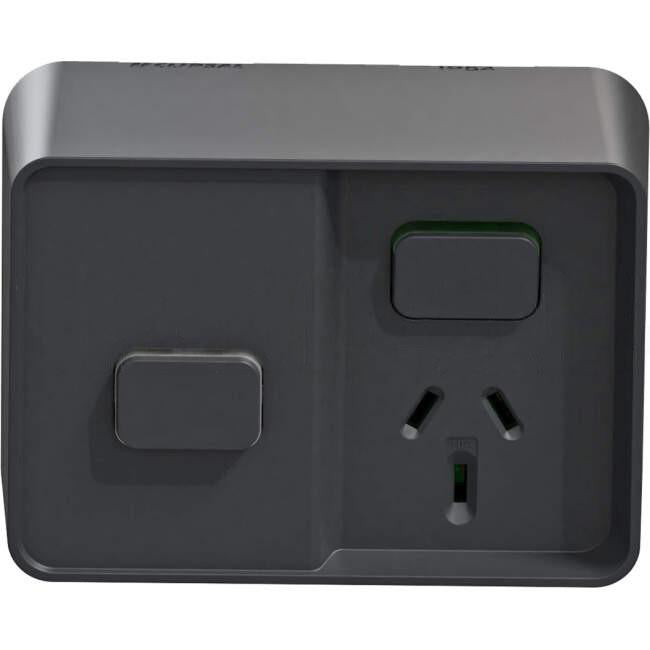 Clipsal 10 Amp ICONIC OUTDOOR Single Switched Weatherproof IP54 Powerpoint With Timer Black