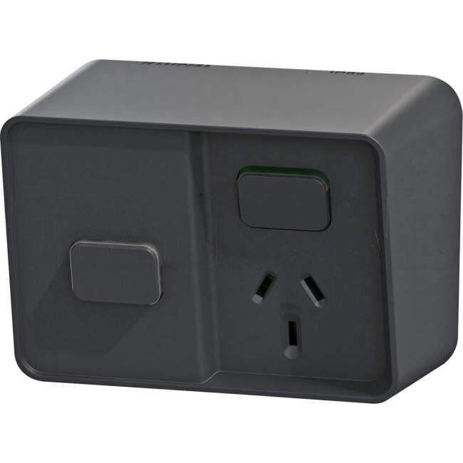 Clipsal 10 Amp ICONIC OUTDOOR Single Switched Weatherproof IP54 Powerpoint With Timer Black