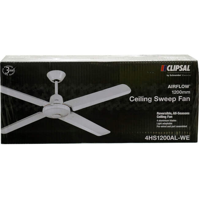 Clipsal 1200mm (48') AIRFLOW 4 Blade Ceiling Sweep Fan With Aluminium Blades White