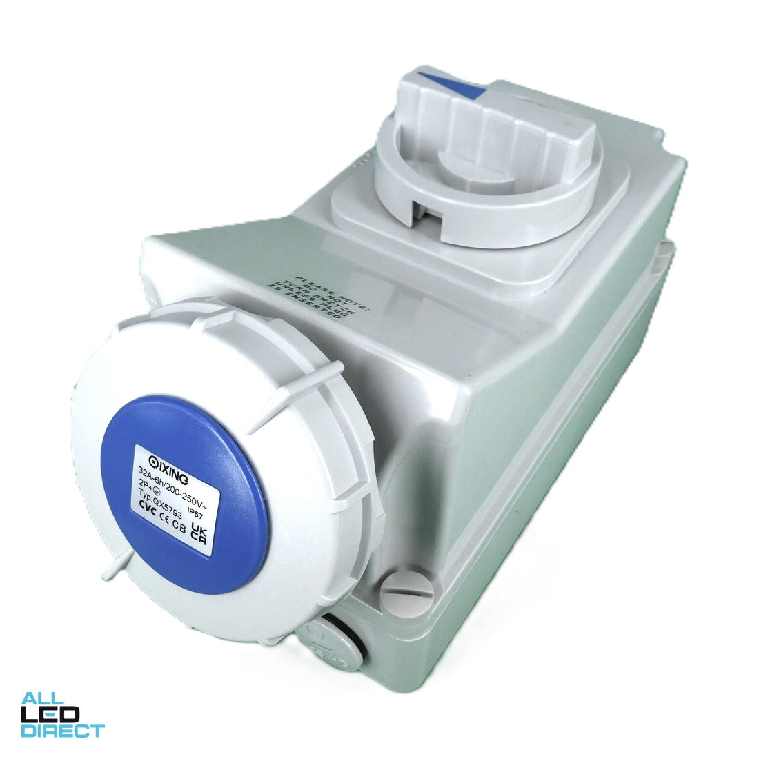 QIXING 32 Amp CEE Form Single Phase 3 Round Pins IP67 Industrial Interlocked Switched Socket Outlet Blue ALL LED Direct
