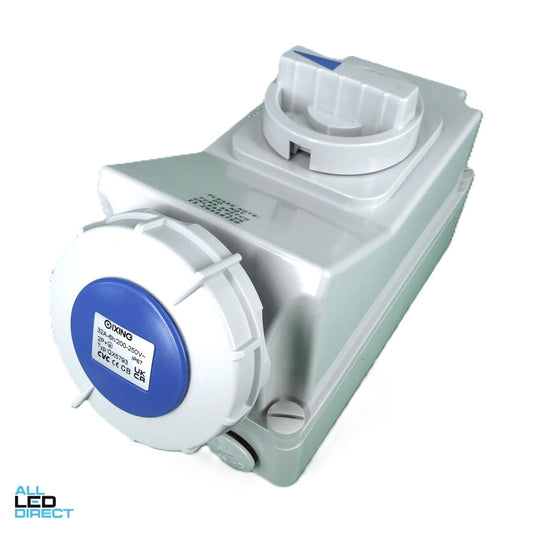 QIXING 32 Amp CEE Form Single Phase 3 Round Pins IP67 Industrial Interlocked Switched Socket Outlet Blue ALL LED Direct
