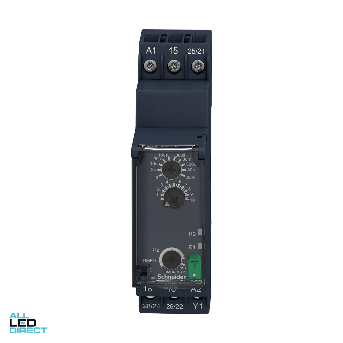 Schneider Timing Relay Off-Delay 8 Amps 24-240 Volt AC/DC 2 x C/O 0.5s-300h ALL LED Direct