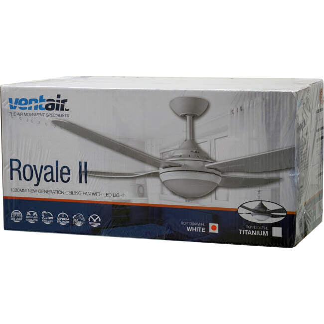 Ventair 1320mm (52') ROYALE II 4 Blade Ceiling Sweep Fan With Moulded ABS Blades & LED Light White