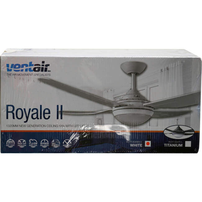 Ventair 1320mm (52') ROYALE II 4 Blade Ceiling Sweep Fan With Moulded ABS Blades & LED Light White