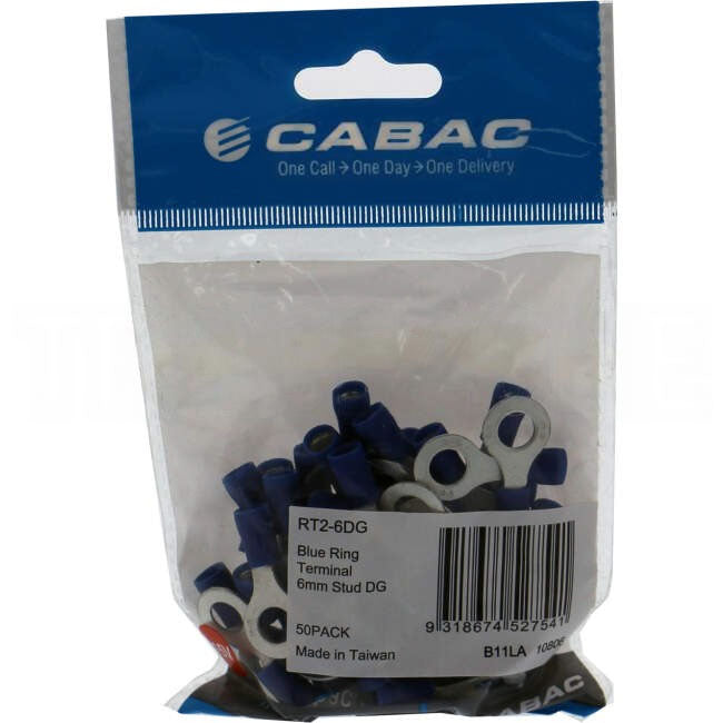 Cabac Stud Ring Terminal Suitable For 6mm Cable Double Grip Blue Packet Of 50