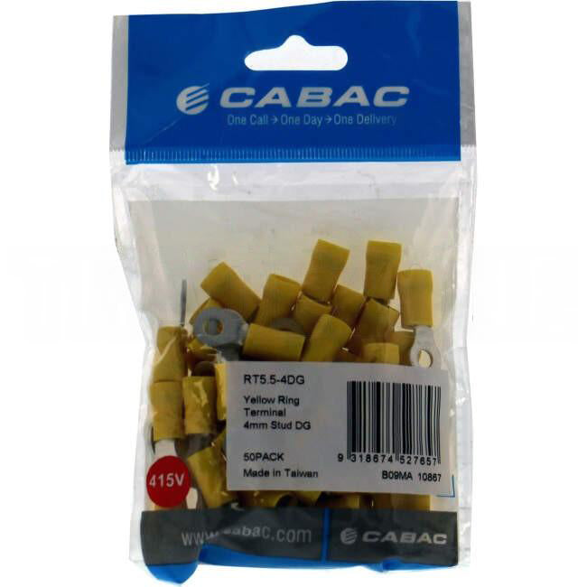 Cabac Stud Ring Terminal Double Grip Suitable For 4mm Cable Yellow Packet of 50