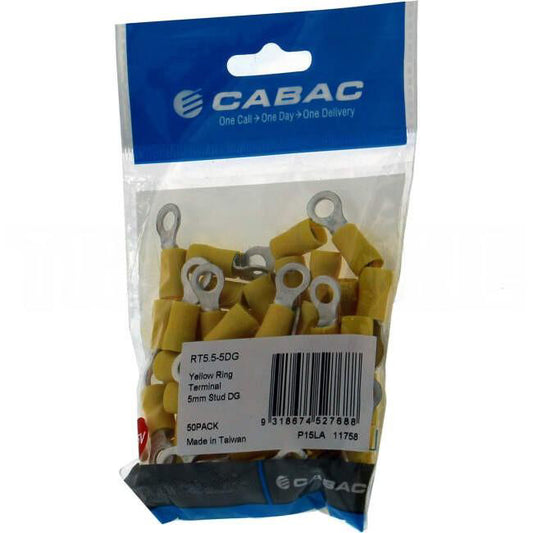 Cabac Stud Ring Terminal Double Grip Suitable For 5mm Cable Yellow Packet of 50