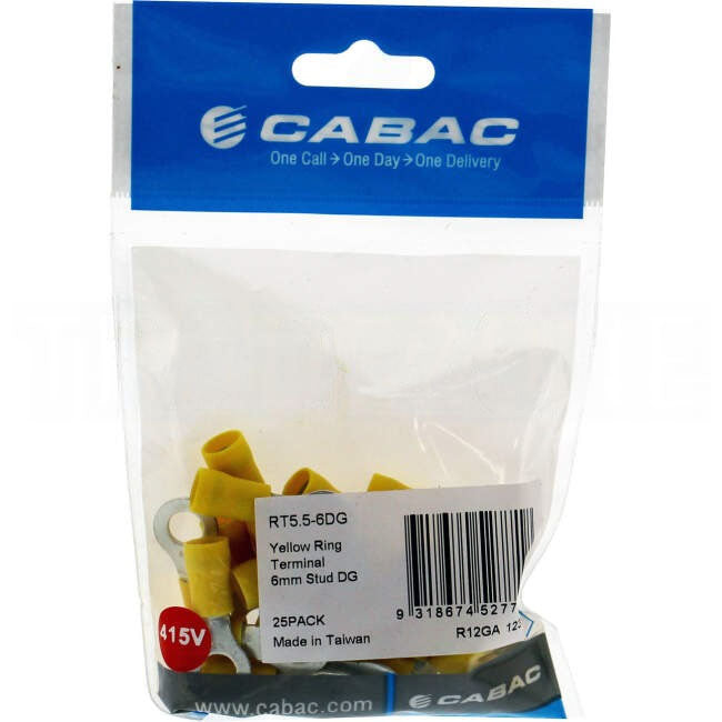 Cabac Stud Ring Terminal Suitable For 6mm Cable Double Grip Yellow Pack Of 25