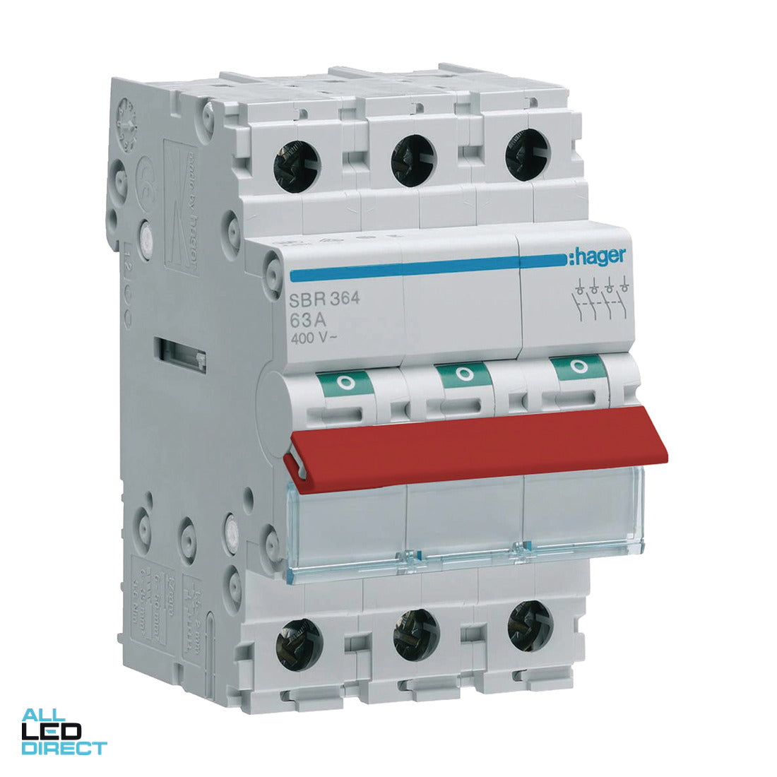 Hager 63 Amp 3 Pole Main Switch With Red Toggle ALL LED Direct