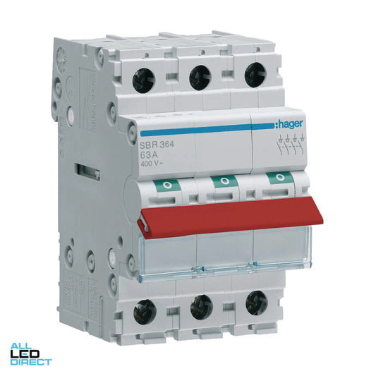 Hager 63 Amp 3 Pole Main Switch With Red Toggle ALL LED Direct