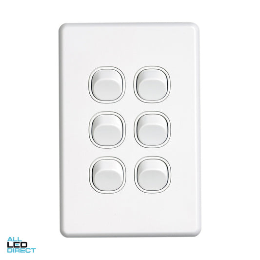 Clipsal10 Amp 6 Gang SLIMLINE Vertical Internal Rocker Switch White ALL LED Direct