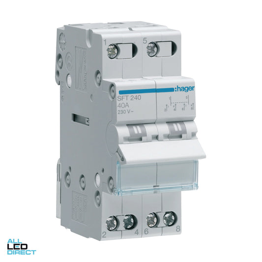 Hager 40 Amp 2 Pole Centre Off Modular Changeover Switch With Top Common Point Grey ALL LED Direct