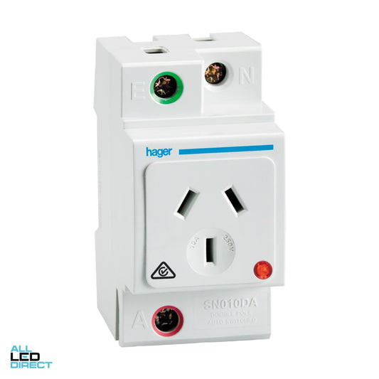 Hager 10 Amp 3 Pin Double Pole Din Mounted GPO With Shutter Grey ALL LED Direct