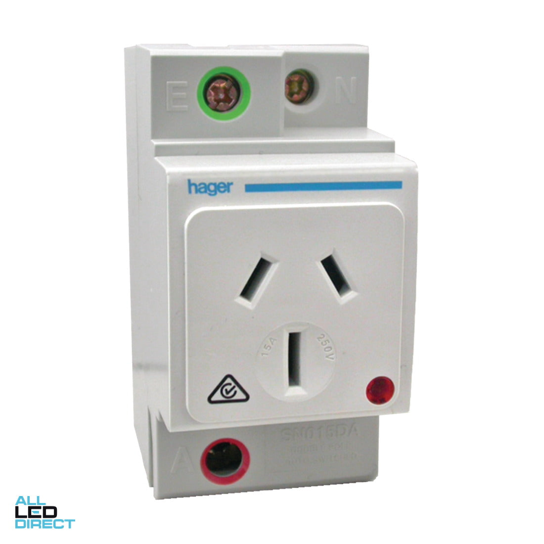 Hager 15 Amp 3 Pin Double Pole Din Mounted GPO With Shutter Grey ALL LED Direct