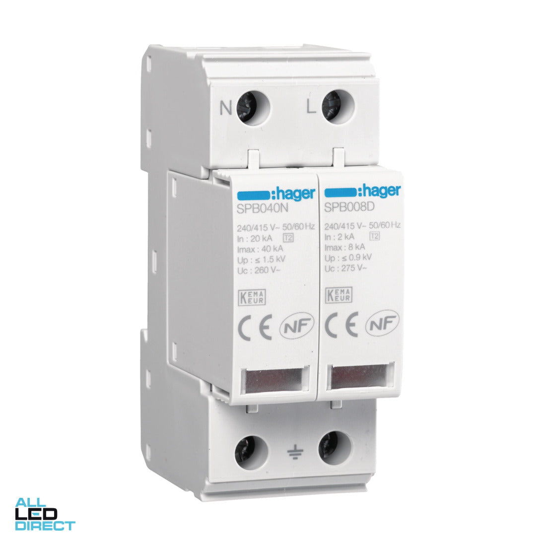 Hager 2 Pole 2 Module 8kA Pluggable Surge Protection Diverter ALL LED Direct