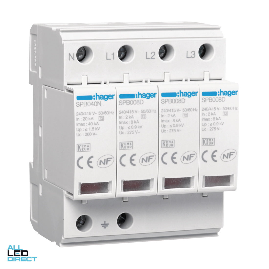 Hager 4 Pole 3 Module 8kA MONOBLOCK Surge Protection Diverter ALL LED Direct