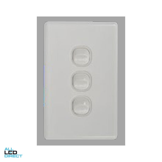 Tesla 10 Amp 3 Gang Vertical Slimline Internal Rocker Switch White ALL LED Direct