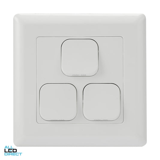 Tesla 16 Amp Large Dolly 3 Gang Internal Rocker Switch Large Format White ALL LED Direct