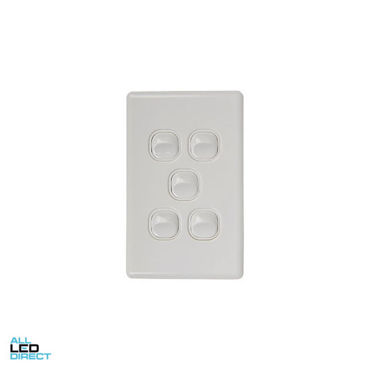 Tesla Classic 5 Gang Vertical Internal Rocker Switch White ALL LED Direct