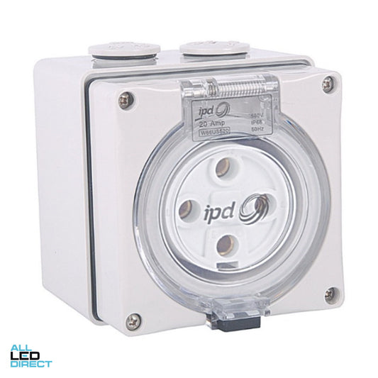 IPD 32 Amp 3 Phase 4 Round Pins IP66 Unswitched Industrial Socket With Flap Less Base Grey