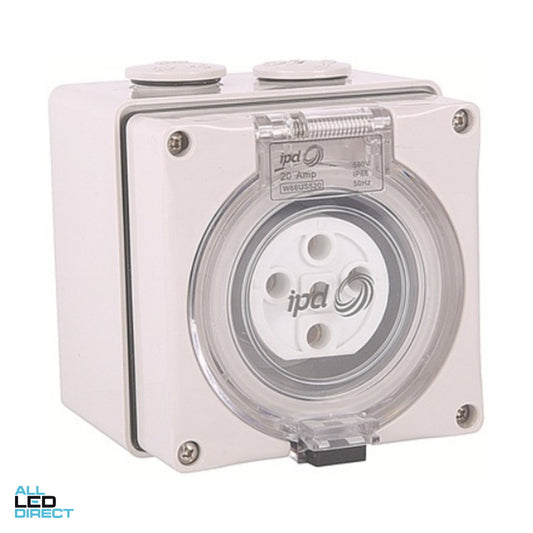 IPD 40 Amp 3 Phase 5 Round Pins IP66 Unswitched Industrial Socket With Flap Grey