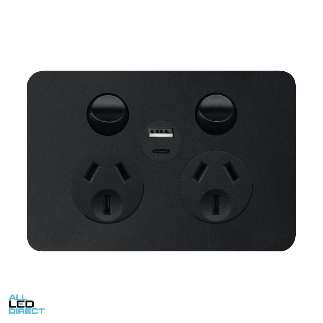 Hager 10 Amp ALLURE Double Internal Powerpoint With Shutter Gloss & USB A+C Charger Matt Black ALL LED Direct
