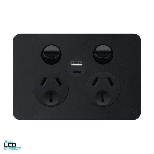 Hager 10 Amp ALLURE Double Internal Powerpoint With Shutter Gloss & USB A+C Charger Matt Black ALL LED Direct