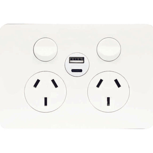 Hager 10 Amp ALLURE Double Internal Powerpoint With Shutter Gloss & USB A+C Charger White