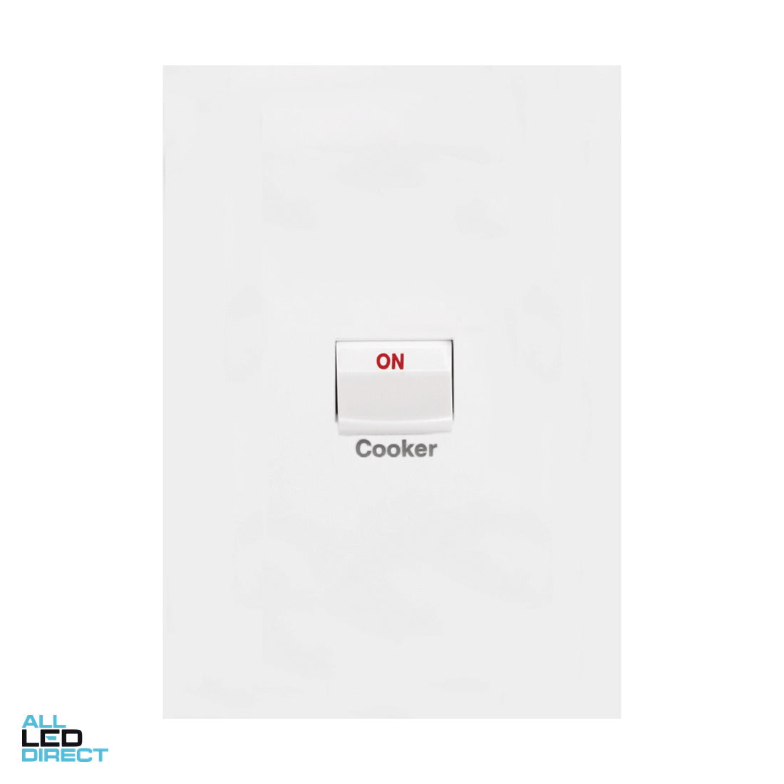 Hager 16 Amp 1 Gang FINESSE Vertical Internal Isolation Rocker Switch Engraved With COOKER Gloss White ALL LED Direct